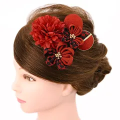 髪飾り 成人式 つまみ細工 赤 振袖 前撮り 袴 浴衣 夏祭り 花火大会 豪華5点セット ワインレッド 黒 ゴールド ちりめん 玉飾り No.9-4211