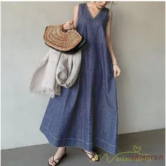 ワンピース ノースリーブ デニムワンピース ロングワンピース マキシ丈 Vネック Aラインワンピース 無地 大人 30代40代50代 ゆったり 広い裾 夏ワンピ