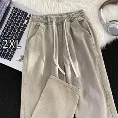 [2XL]メンズ ファッション 服 男性用 オシャレ シンプル 大人 かっこいい 大きいサイズ ストリート 紳士服 サマー イエロー マッド ジーンズ ドローストリング カジュアル パンツ ストレート レッグ パンツ ダメージ 加工 ワイド レッグ ダッド パ