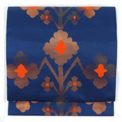 名古屋帯 幅30cm 長さ353cm レディース 花柄 秋冬春用 正絹（シルク）ネイビー やや難 リメイク リユース リサイクル【呉服のきくや】