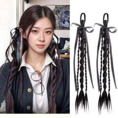 エクステ ゴム付き 三つ編み ウィッグ つけ毛 エクステンション 2本セット コスチューム ダンス ハロウィン (ブラック) かわいい かっこいい おしゃれ 人気 大人 子供 キッズ 三つ編みエクステ みつあみ 三つあみ 韓国 K-POP 推し  [ブラック]