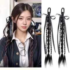 エクステ ゴム付き 三つ編み ウィッグ つけ毛 エクステンション 2本セット コスチューム ダンス ハロウィン (ブラック) かわいい かっこいい おしゃれ 人気 大人 子供 キッズ 三つ編みエクステ みつあみ 三つあみ 韓国 K-POP 推し  [ブラック]