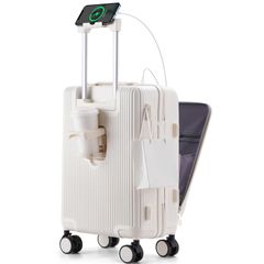 【迅速発送】RIMUKE 前開き スーツケース 機内持ち込み キャリーケース パソコン収納ポケット USBポート付き カップホルダー付き キャリーケース 超軽量 360度回転 耐衝撃 ック 静音 旅行 ビジネス 出張 1泊2泊3泊 ホワイト