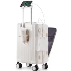 【迅速発送】RIMUKE 前開き スーツケース 機内持ち込み キャリーケース パソコン収納ポケット USBポート付き カップホルダー付き キャリーケース 超軽量 360度回転 耐衝撃 ック 静音 旅行 ビジネス 出張 1泊2泊3泊 ホワイト