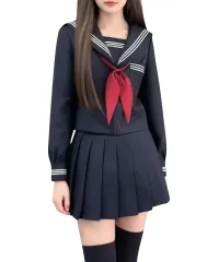 [ブブ オーハナ] 長袖 セーラー 服 上 下 セット コスプレ 制服 コスチューム ハロウィン パーティー リボン 黒パン 付き 計 4点 (ダーク ネイビー, M （ 日本サイズ S ）) [ダークネイビー] [M （ 日本サイズ S ）]