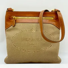 PRADA プラダ ジャガード ショルダーバッグ キャンバス カーキ 茶 ブラウン マチなし 管理番号：7699