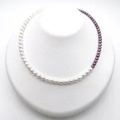 有核ラウンド＆有核バロック本真珠のナチュラルネックレス ケース付き パープル系 干渉色 淡水パール 5mm~7mm