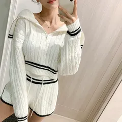 ハーフジップ　ツイスト　ニット　セットアップ　可愛い　部屋着　楽　ホワイト　ネイビー　ピンク　ルームウェア　お出かけ　短パン　ヘソ見え　セーラー　フリーサイズ