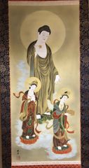 仏画　掛軸　三尊像　在銘　肉筆　紙本　共箱　日本の仏像画　仏教美術　美品