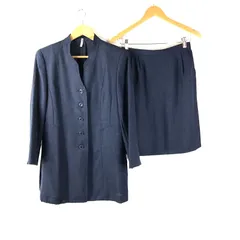 レリアン Leilian セットアップ ロングジャケット 肩パッド 薄手 スカート ポケット 紺 9サイズ918188