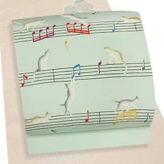 名古屋帯 十日町友禅 秀美 松寿縮緬 薄若緑色 猫 音符 九寸 正絹 本加工友禅 九寸 新品 仕立て上がり 上品 エレガント お洒落 No.6-0117