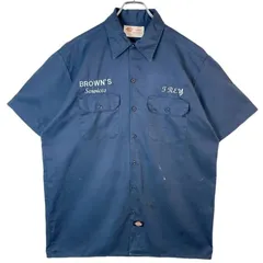 ディッキーズDickies半袖ワークシャツ紺ネイビー白イエロー企業系ロゴ刺繍ツイル生地リアルワークウェアチェーンステッチvintageヴィンテージ50403