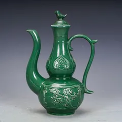 中国　緑釉　刻花文　扁壷　花瓶　高さ約34cm　時代箱　V　R8628H A rare Cizhou painted green-glazed 'peony' vase, Song/Jin