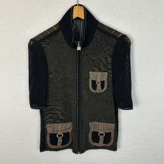 伊太利屋 イタリヤ アニマル柄 ニット切替 ジップジャケット ブラック 7サイズ レディース 古着 モード