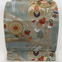 【在庫一掃】 袋帯 美品 秀品 向かい鳥 草花 唐織 箔 水色 六通 正絹 【中古】