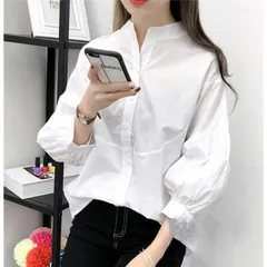レディース シャツ綿 白ブラウス 7分丈袖通勤 パフスリーブバルーンスリーブ#rizel644