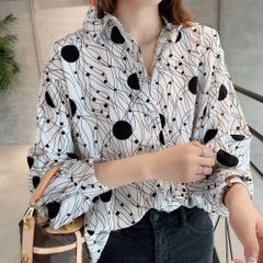 【匿名配送対応】長袖ブラウス 柄シャツ 幾何学模様 トップス 洋服 レディースファッション M/L