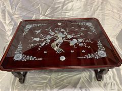 螺鈿細工 テーブル 机 座卓 鳳凰 鳥 花 黒 楕円 木製 工芸品 家具