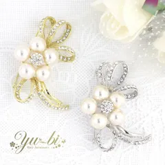 ブローチ/エレガント リボン ラインストーンパヴェ パール br20/グレー/ゴールド/シルバー ブローチピン 結婚式 卒業式 入学式 入園式 卒園式 アクセサリー ピンブローチ　セレモニー