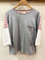 3586★VOO/ヴォー BAL 切替 ポケット×ボーダー トップス ロンTEE グレー×レッドボーダー クルーネック M相当 バル バランスウェア★
