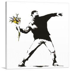 バンクシー アートパネル Mサイズ BANKSY Banksy「花束を投げる男/Flower Bomber」キャンバスジークレ 発送目安15～20営業日