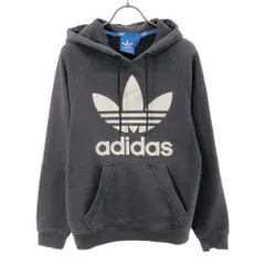 アディダス トレフォイルロゴ 長袖 スウェットパーカー M ブラック系 adidas 裏起毛 メンズ 古着 【240423】