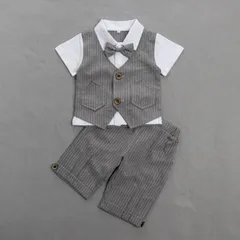 子供服 キッズ フォーマル スーツ 男の子 ベビー服 半袖シャツ（フェイクベスト）+半ズボン 2点セット 夏 ブリティッシュスタイル タキシード風 卒園式 入園式 七五三 お宮参り 結婚式 入学式 90 100 110 120cm