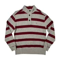 TOMMY HILFIGER トミーヒルフィガー ボーダー柄 ボタンモック ハイネック スウェット トレーナー シャツ L /グレー×ボルドー系