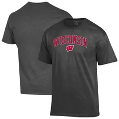 【送料無料】 チャンピオン メンズ Tシャツ トップス Men'sChampion Heather Charcoal Wisconsin Badgers Arch Over Logo T-Shirt Wis Charco