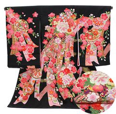 刺繍金彩 百花 鞠 鼓 熨斗柄 黒地 お宮参り 着物 女の子 初着 産着 のしめ 正絹 友禅 女の子 20594