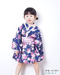 キッズ 子供 レディース-甚平 キティ レース付き ラメ 兵児帯縫い付け付き　100/110/120サイズ お祭り パジャマ　ハローキティ　ラメ無し紺-O