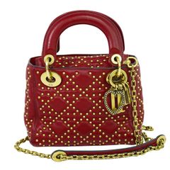 本物 クリスチャン ディオール Christian Dior レディディオール スタッズ 2WAY ショルダーバッグ ハンドバッグ レザー レッド バッグ 中古 【フォロー割】