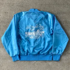 90's ナイロンスタジアムジャケット　船　USA製　古着　スタジャン　サテン　vintage サックスブルー