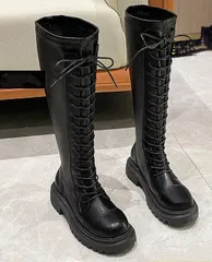 ロングブーツ レースアップ ブーツ レディース 厚底 編み上げ 疲れない 歩きやすい ローヒール ジョッキーブーツ 秋冬
