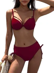 ISLAYCAOLILA ビキニ 水着 ストラップ 編み上げ スイムドレス ラウンドカップ ハイウエスト パッド入り ワイヤーなし セパレート レディース CH3( ワインレッド,  L)