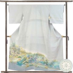 色留袖 身丈158cm 裄64cm 前幅24.5cm 後幅30.5cm 袖丈47cm 袖幅32cm レディース 袷 風景画 裄Mサイズ 秋冬春用 正絹（シルク）ブルー 未使用品 阿部佳雪作 リメイク リユース リサイクル【呉服のきくや】