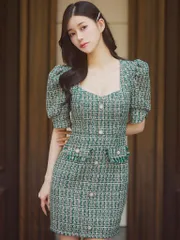 ダークグリーン[JN-010]【JENNNY / ジェニー】ミックスツイード/ フロントボタン/ パフスリーブ/ 半袖/ タイト/ ミニドレス/ ワンピース/ キャバドレス