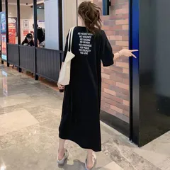プリント Tシャツワンピース ゆったり スリット開? ロング丈 カジュアル お出掛け 普段着 クール スリム見え xzxiaoyun442
