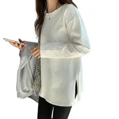 [レリカ] ゆったり 長袖 tシャツ ロングスリーブ ロンｔ 無地 シンプル カットソー トップス スリット 白 レディース ロンティー 秋 冬 春 部屋着 インナー おしゃれ 体型 カバー 通勤 通学 ロングTシャツ お洒落 きれいめ [ホワイト] [XL]