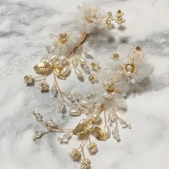 髪飾り ヘッドドレス ワイヤー フラワー レース ビジュー  パール すずらん かすみ草 シフォン レース ウェディング 結婚式 成人式 ヘアセット シンプル 上品 ボタニカル 小物 ヘアピン 2つ セット