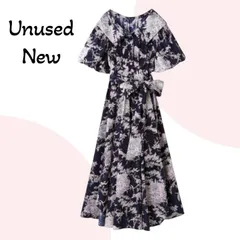 【未使用】スナイデル SNIDEL ワンピース 花柄 ボリュームスリーブ リボン付き シャツワンピ フレア シルエット XS相当