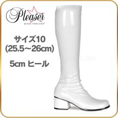 25.5 26 cm Pleaser プリーザー ロングブーツ 5cm ヒール 白 ホワイト エナメル レディース メンズ ローヒール ストレッチ ダンスシューズ ブーツ ロング コスプレ 衣装 アニメ セクシー ステージ 衣装 靴 アニメ ブーツ ジッパー