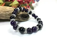 アメジスト×オニキス パワーストーン ブレスレット 天然石ブレス　10mm (ロンデル：シルバー) メンズ・レディース　浄化済み △