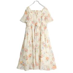【美品】ローズティアラ★ワンピース 大きいサイズ46 ベージュ系 シャーリングデザイン♪シアーな花柄♪z14716