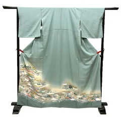 やE017 正絹 留袖 色留袖 ちりめん 四季の草花 一つ紋 グリーン系 仕立て上がり フォーマル着物 婚礼 礼装 正装 未使用 新古品