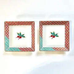 【九谷焼】色絵 四角小皿『赤株華縁』（2枚セット）