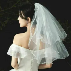 ウエディングベール2層パールリボンコームミディアムショートレースホワイト可愛い白