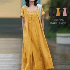 ワンピース フレアワンピ ワンピ Aライン フレア ロングワンピース ロングワンピ レディース ロング丈 Vネック 半袖 無地 ゆったり おしゃれ きれいめ 綿麻 夏