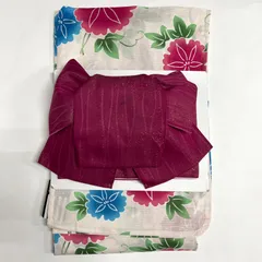 （中古品） レディース 浴衣 変わり織 綿 白 ピンク 青 Mサイズ 帯 作り帯 2点セット ワイン ラメ糸