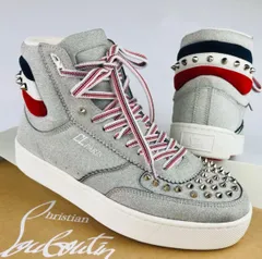 美品★Christian Louboutin・クリスチャン ルブタン TOP RUI SPIKES メンズ レザー切替し グリッター スパイク スタッズ トリコロールカラーデザイン ハイカットスニーカー 2021年モデル (40.5) イタリア製 メンズ 靴